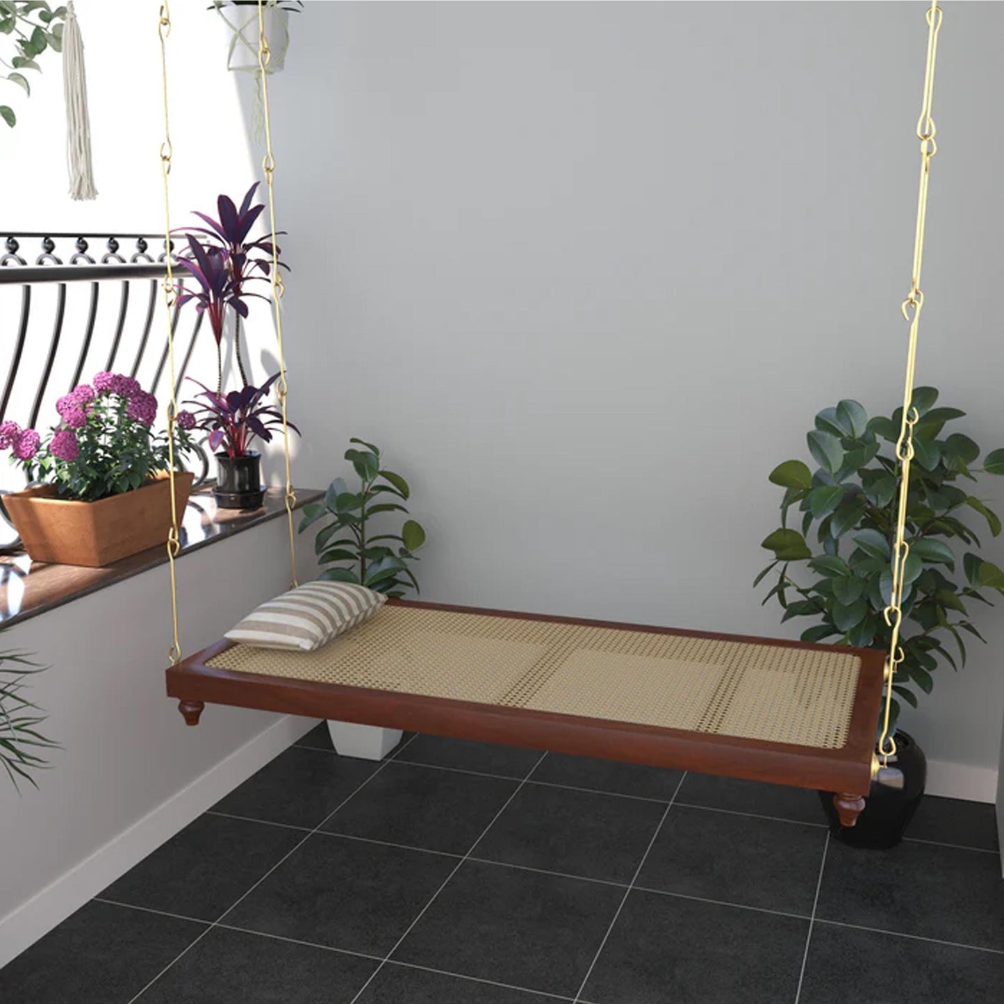 Handmade Teak Wood Swing with Brass Chain - Traditional Jhula