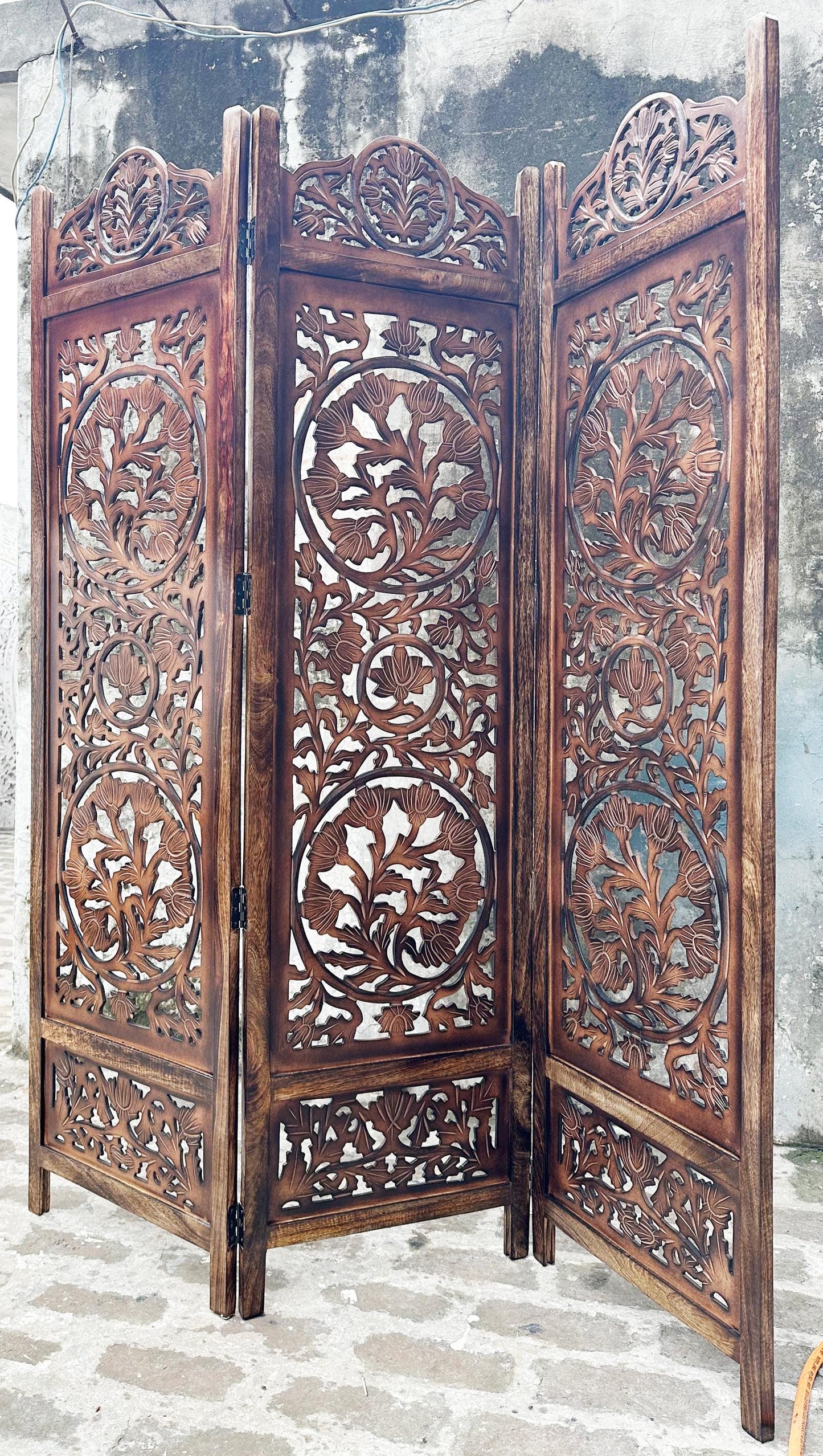 Handmade Lotus Wood Folding Room Divider: Brown Partition Screen