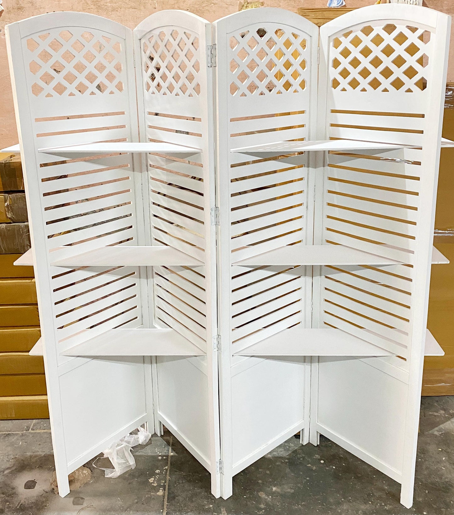 Handmade Wooden Folding Room Divider with Shelves: Home Decor Screen