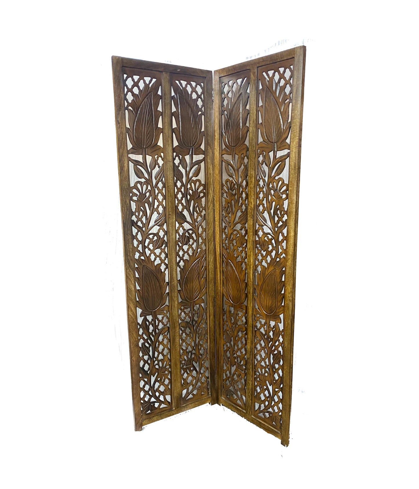 Mid century Brown Mesh Design Wooden Folding Divider, Partition, Handmade Self standing screen