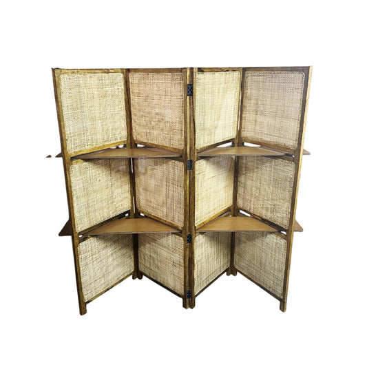 Natural Rattan cane Room partition Screen with shelf , Folding Divider, Mid-century Separator shelf organiser