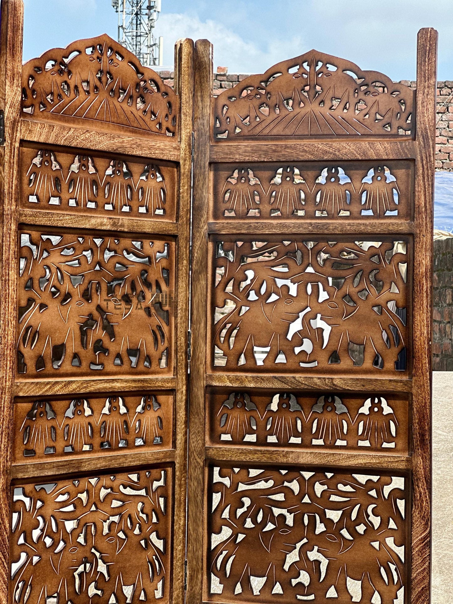 Elephants design Wooden Folding Divider, 7 Feet tall Folding Partition, Handmade Self standing separator