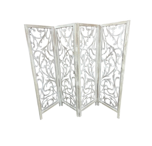 Mid century Floral design Rustic White Wooden Folding Divider, Partition, Handmade Self standing screen
