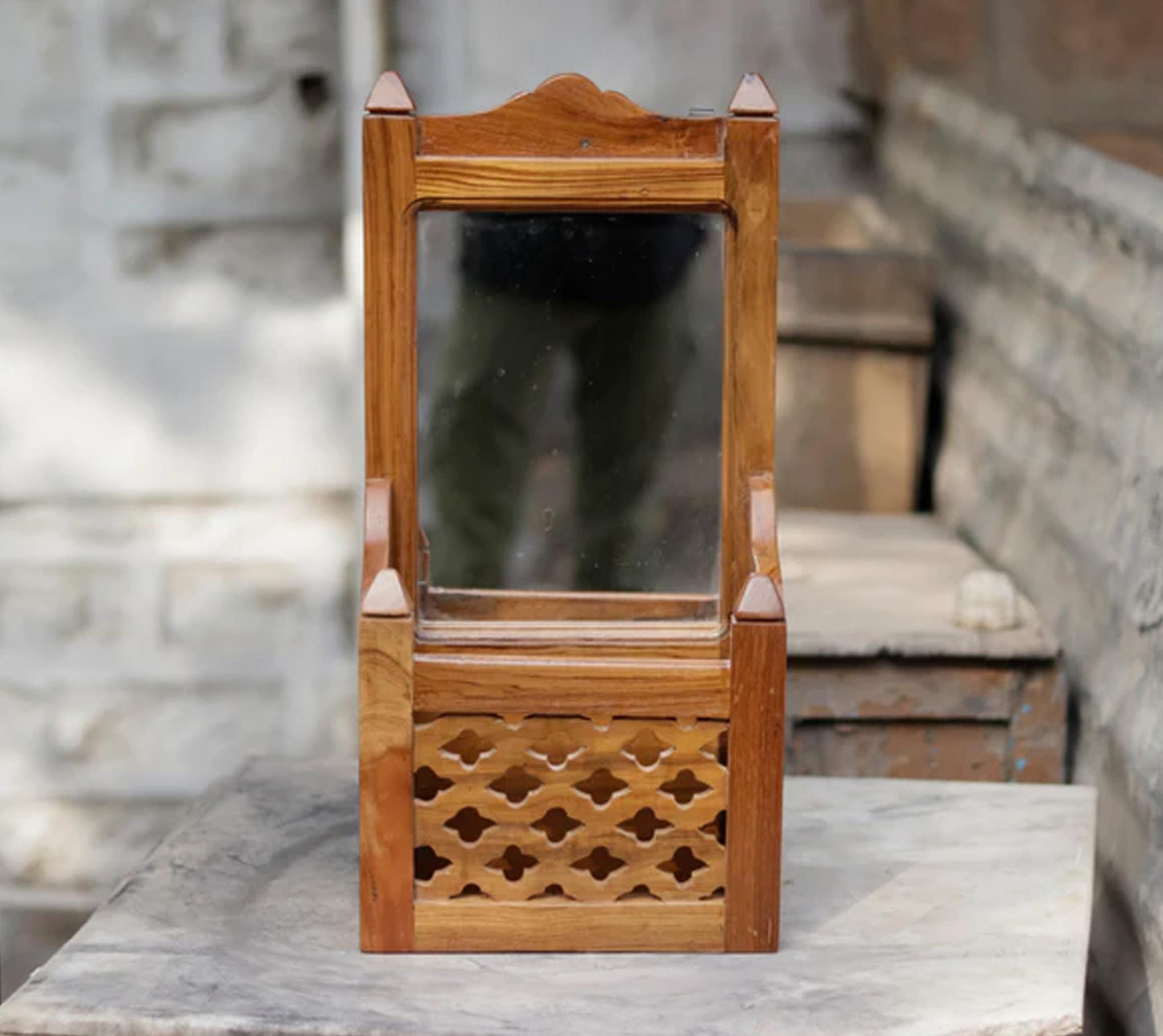 Handmade Wood Wall Hanging Mirror with Shelf: Mid-Century Organizer