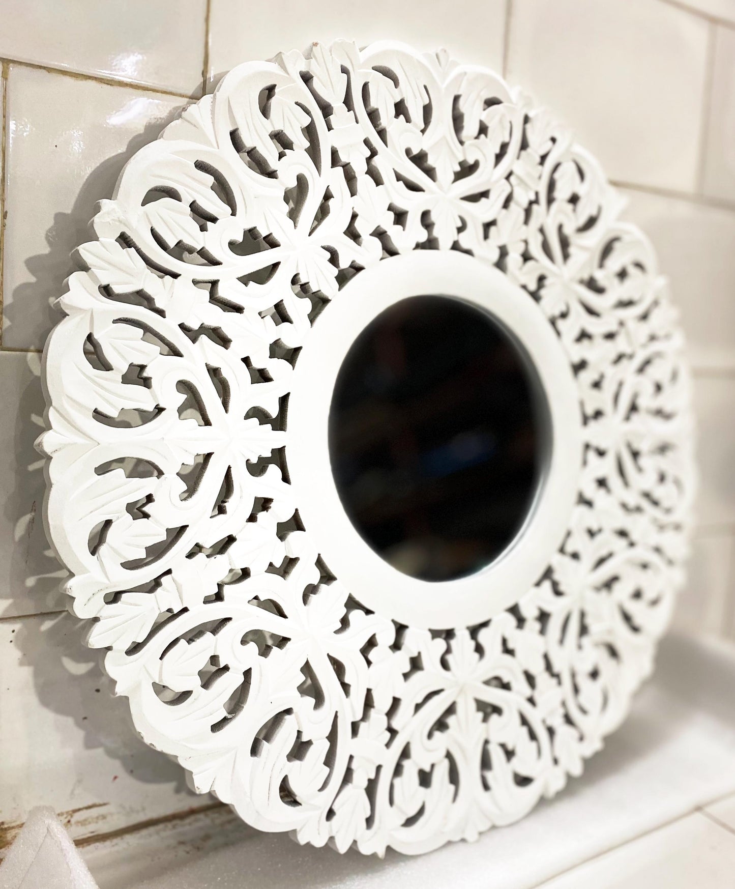 Handmade Carved Wood Mirror Frame: White Wall Hanging Decor