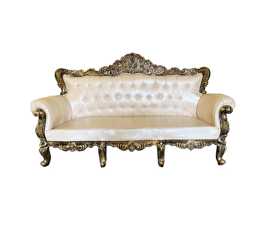 Hand Carved Louis XVI Sofa: Rustic Gold Teak, Cream Upholstery