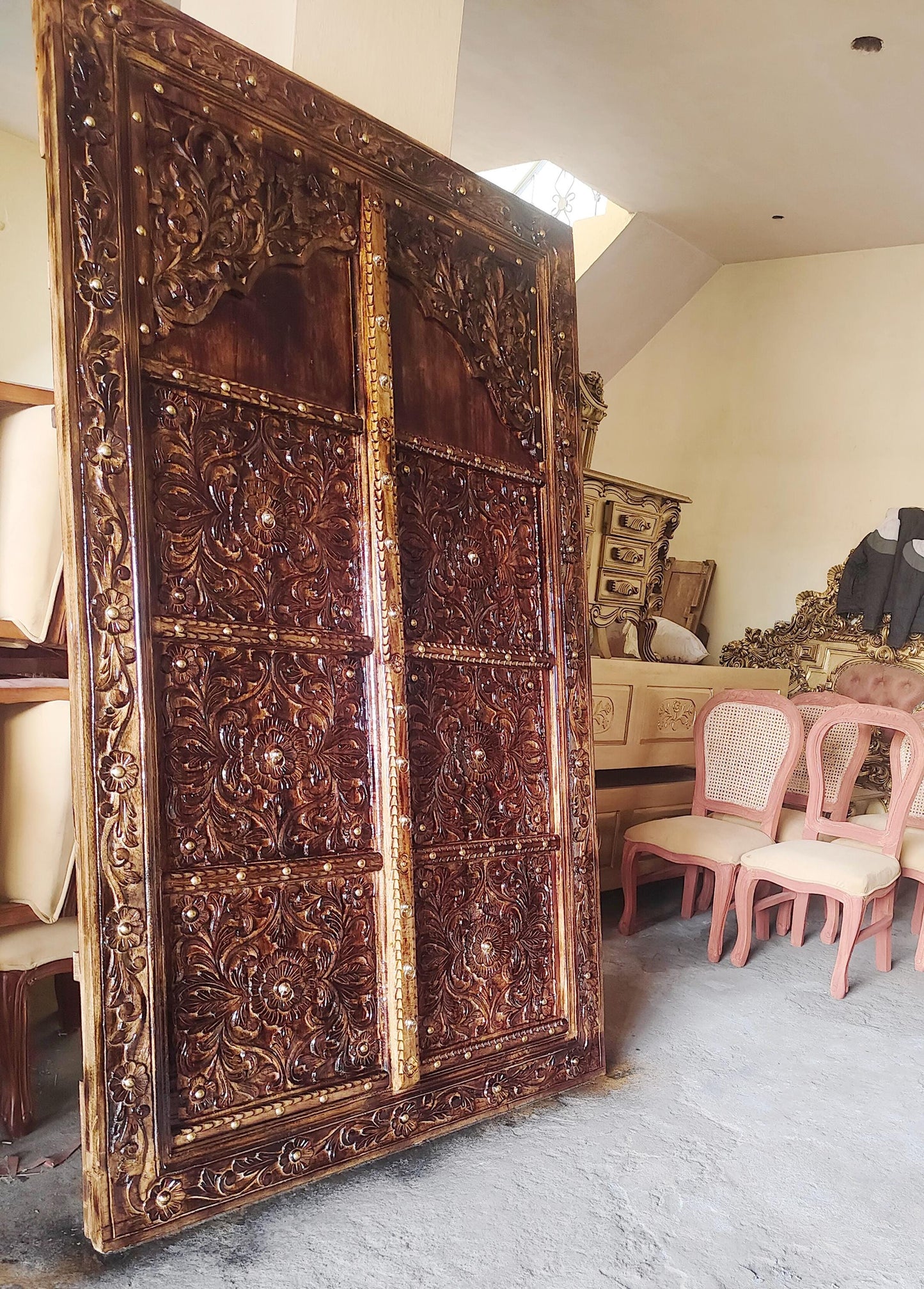 Hand Carved Wood Door Panel: Antique Brown Wall Decor