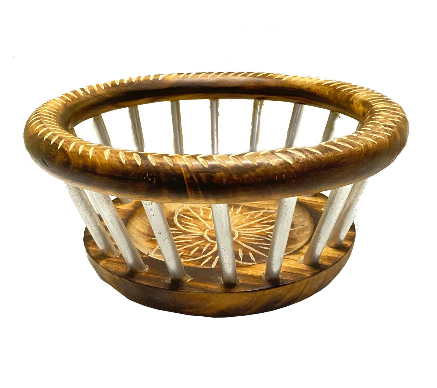 Round Wooden Basket, handmade Metal wood hand carved floral design decorative basket