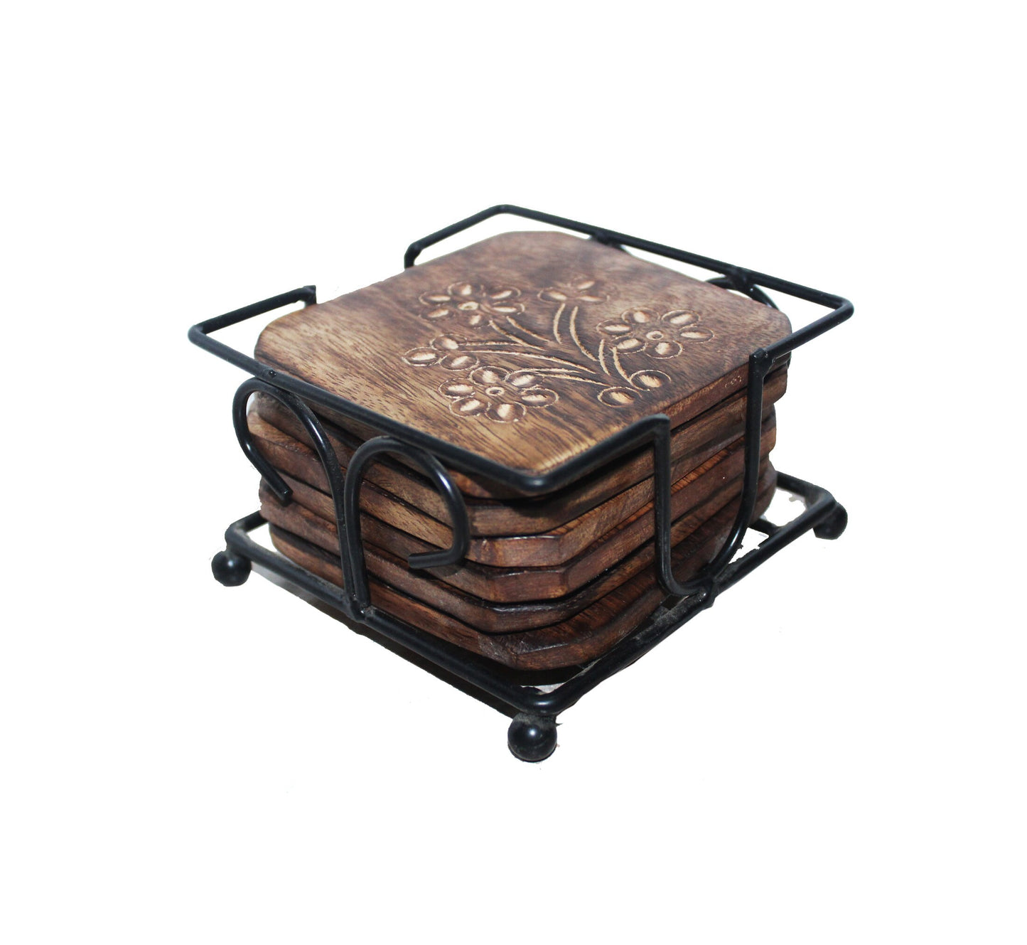 Iron wood Coaster set of 6, handmade carved coaster with metal Stand
