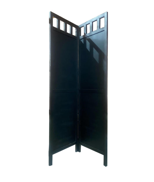 Mid-Century Black Block Wooden Folding Room Divider - 7 ft Tall