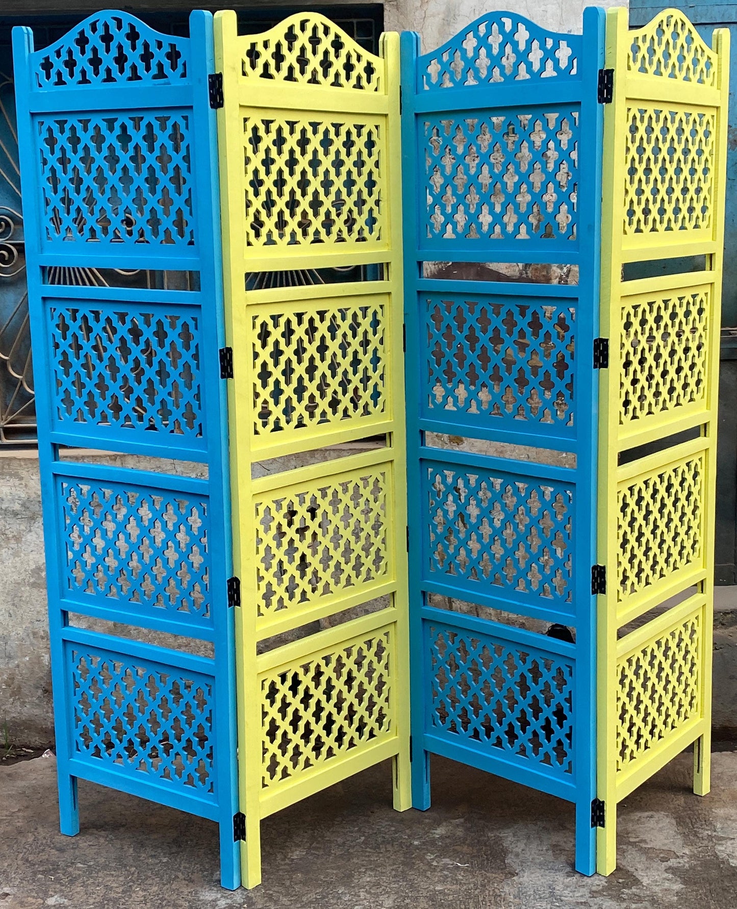 Mid Century Mesh Design Wooden Divider Folding partition, yellow/Blue Self standing divider