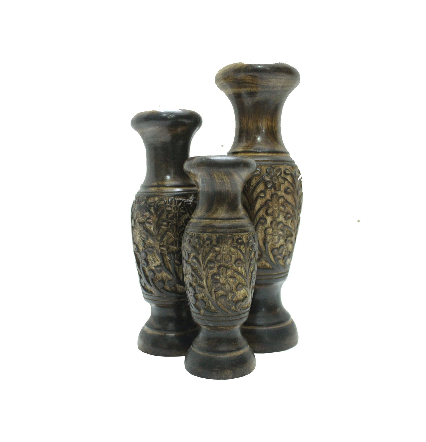 Wooden carved Flower Vase For home décor, Handmade Burned Polished set of 3