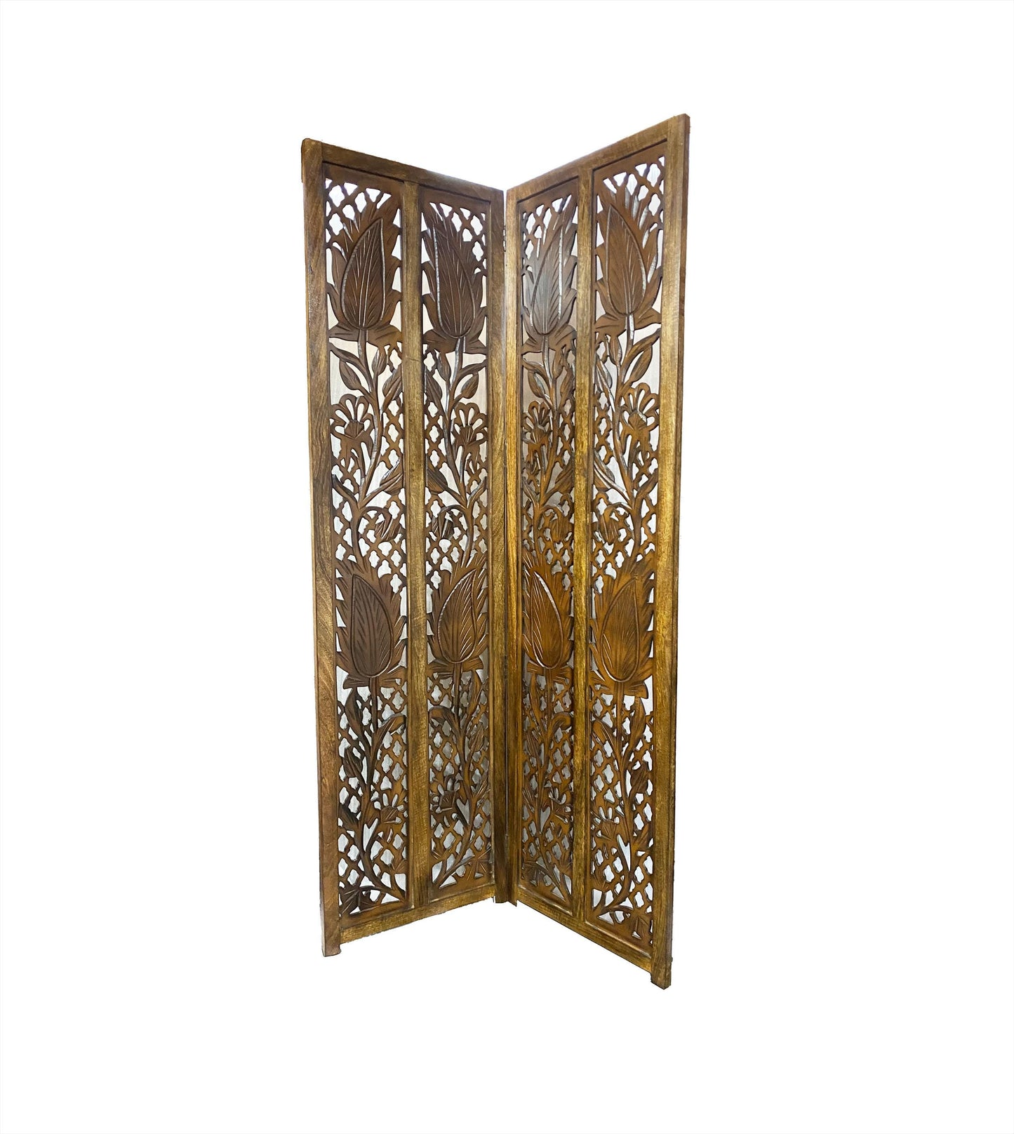 Mid century Brown Mesh Design Wooden Folding Divider, Partition, Handmade Self standing screen