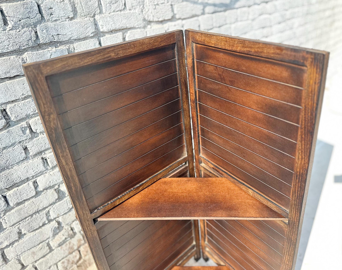 Mid Century Folding Partition with Shelf: Handmade Wooden Room Divider