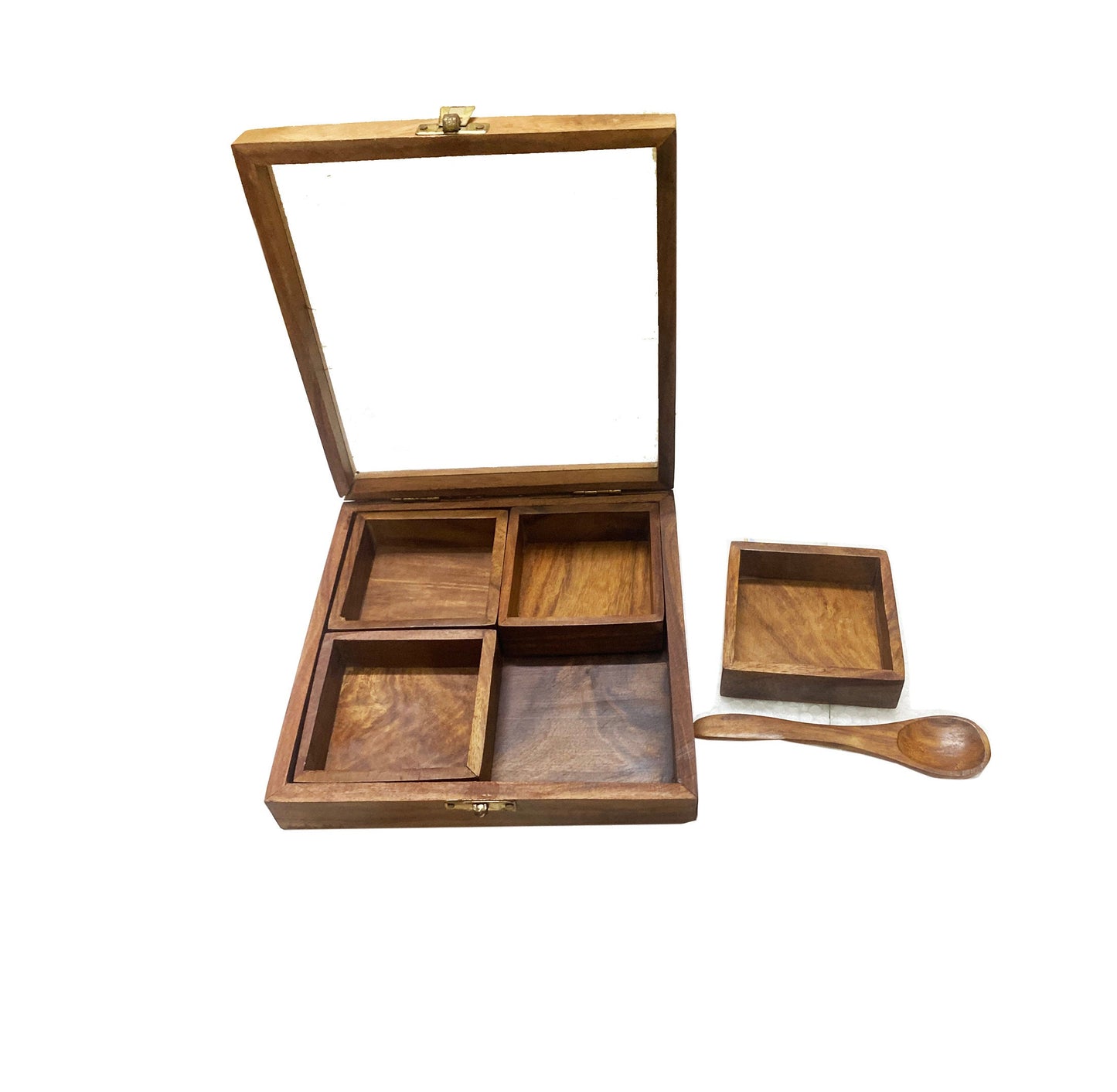 Handmade Table top box, Wooden Spice 4 container set with spoon
