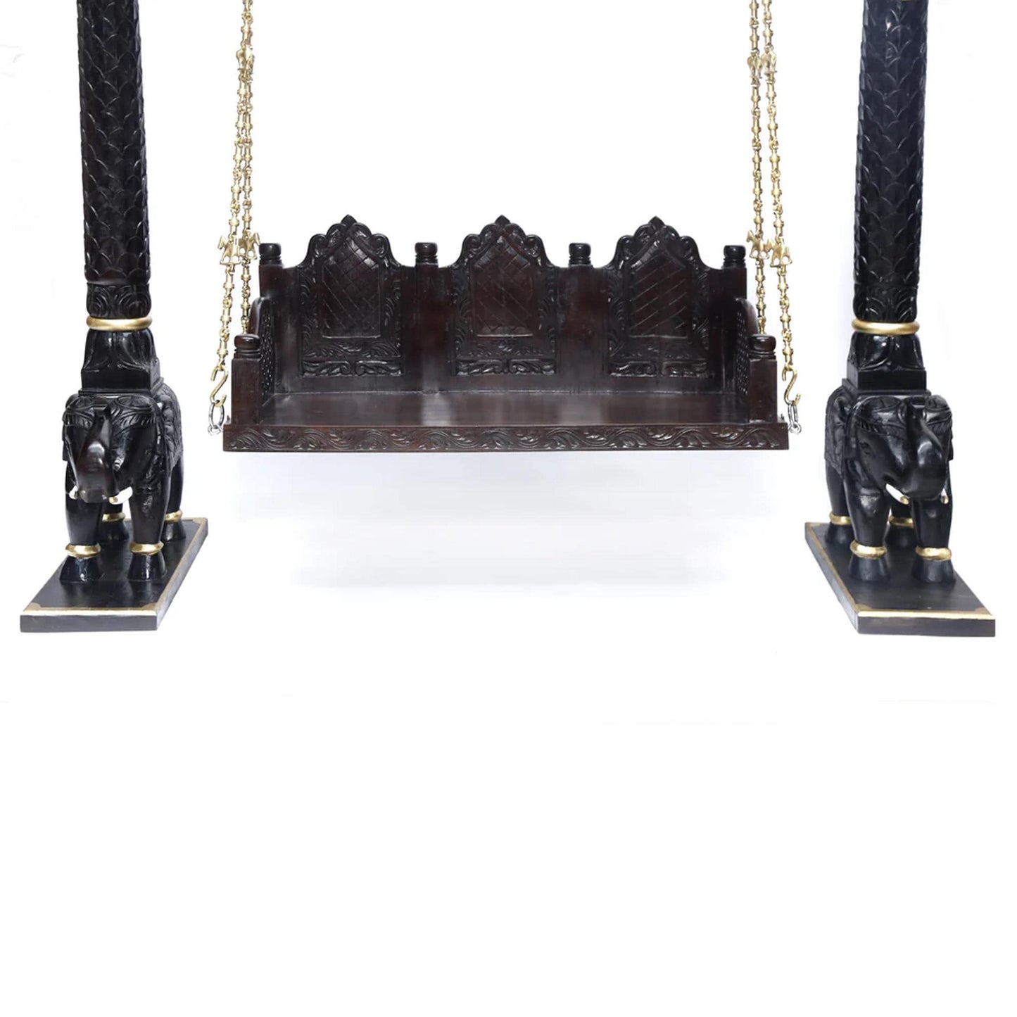 Handmade Teak Wood Swing: Elephant Carving, Brass Chain, Customizable