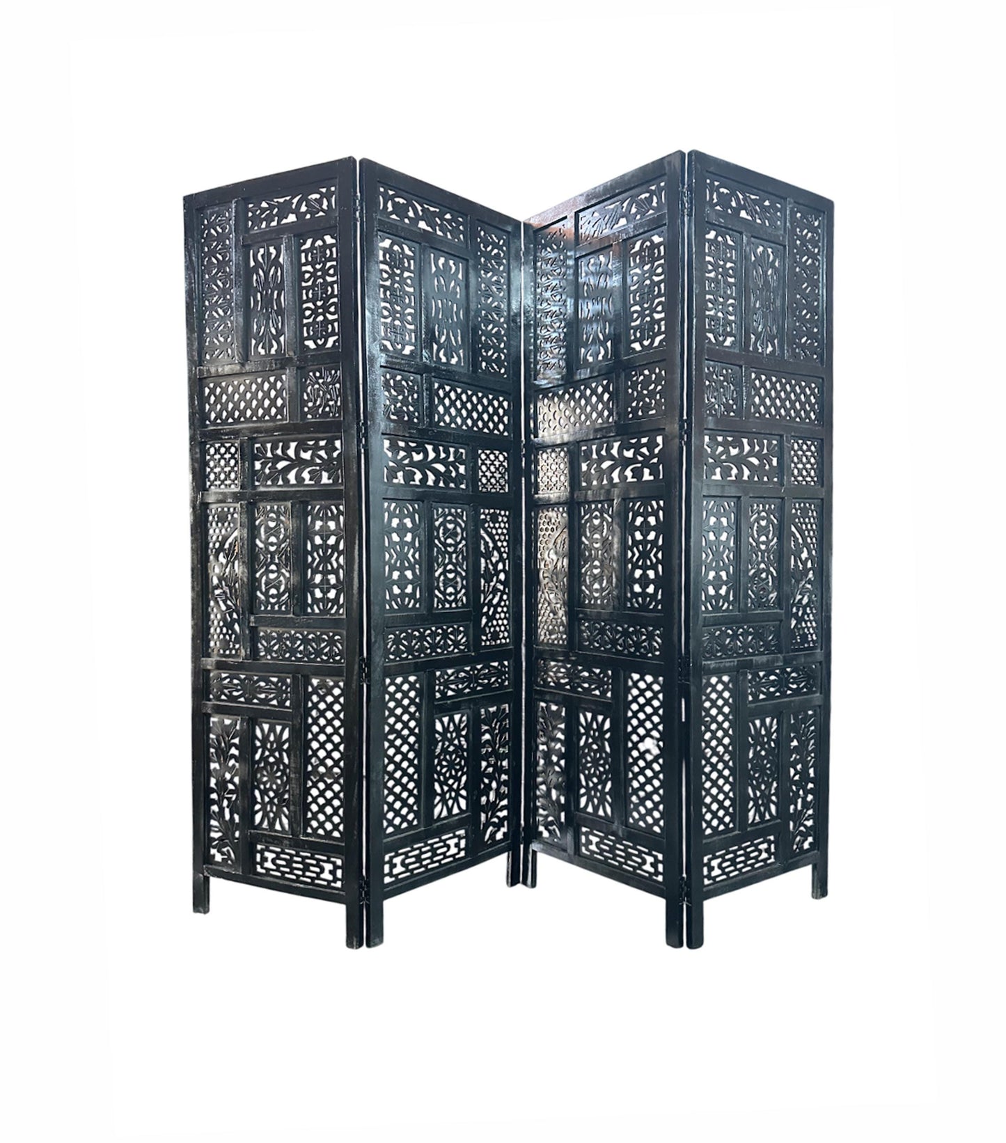 Mid Century Black Wood Folding Room Divider: Handmade Carved Partition Screen