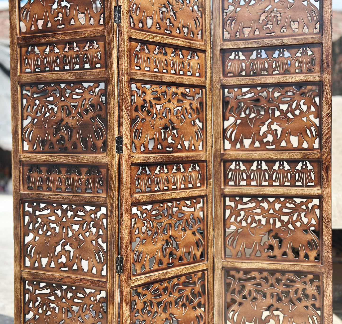 Elephants design Wooden Folding Divider, 7 Feet tall Folding Partition, Handmade Self standing separator