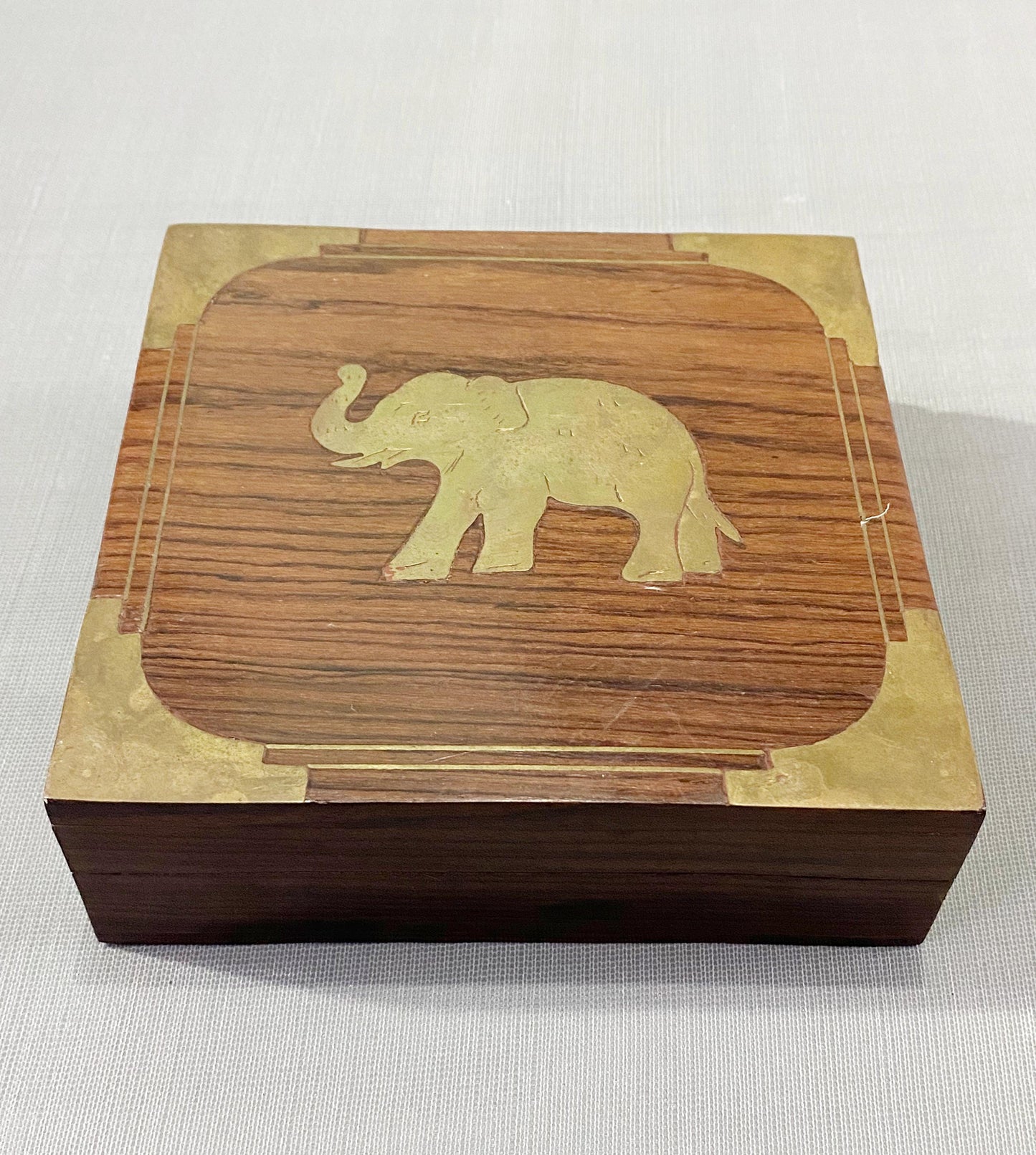 Handmade Wood & Brass Elephant Box: Mid-Century Decor