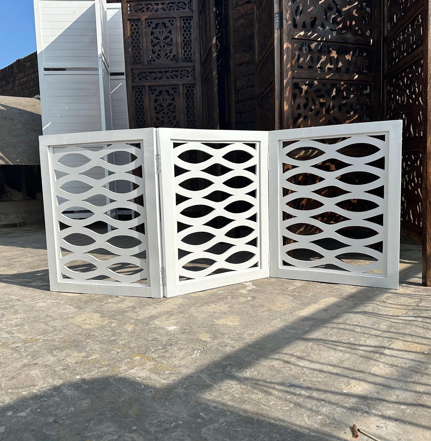 Mid-Century Modern White Wood Folding Divider: Handmade Pet/Baby Partition