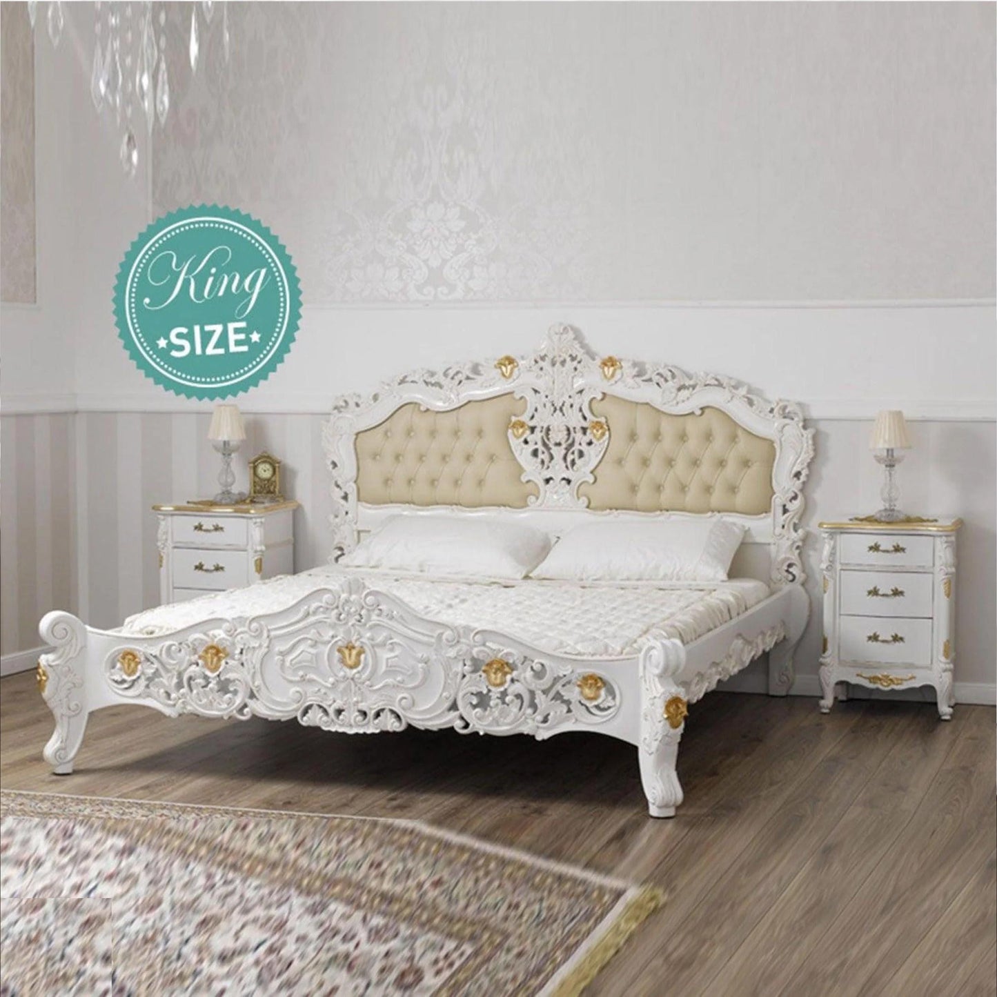 Handmade Giltwood Bed Frame: Tufted Bohemian Rococo Style