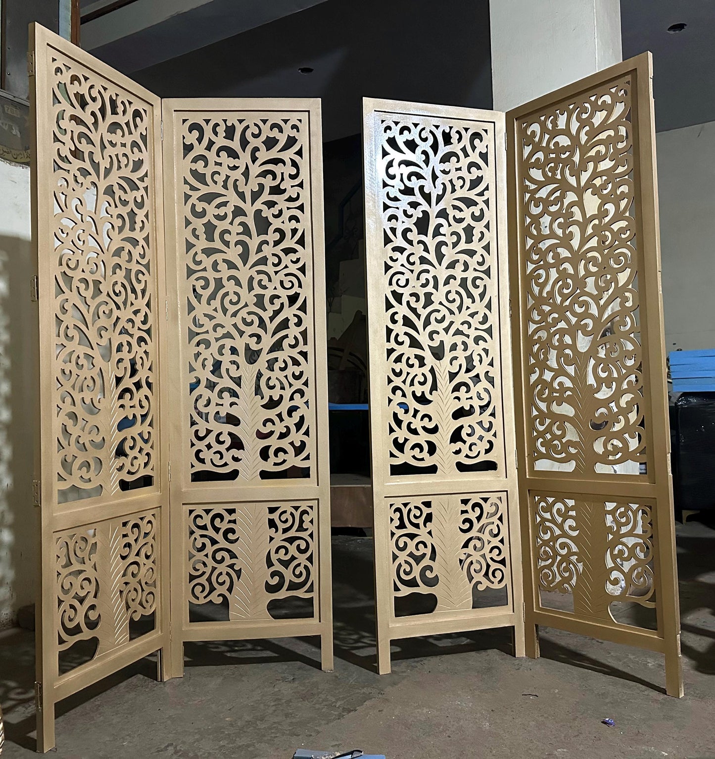 Mid century Tree style Gold Wooden Folding Divider, Partition, Handmade Self standing screen