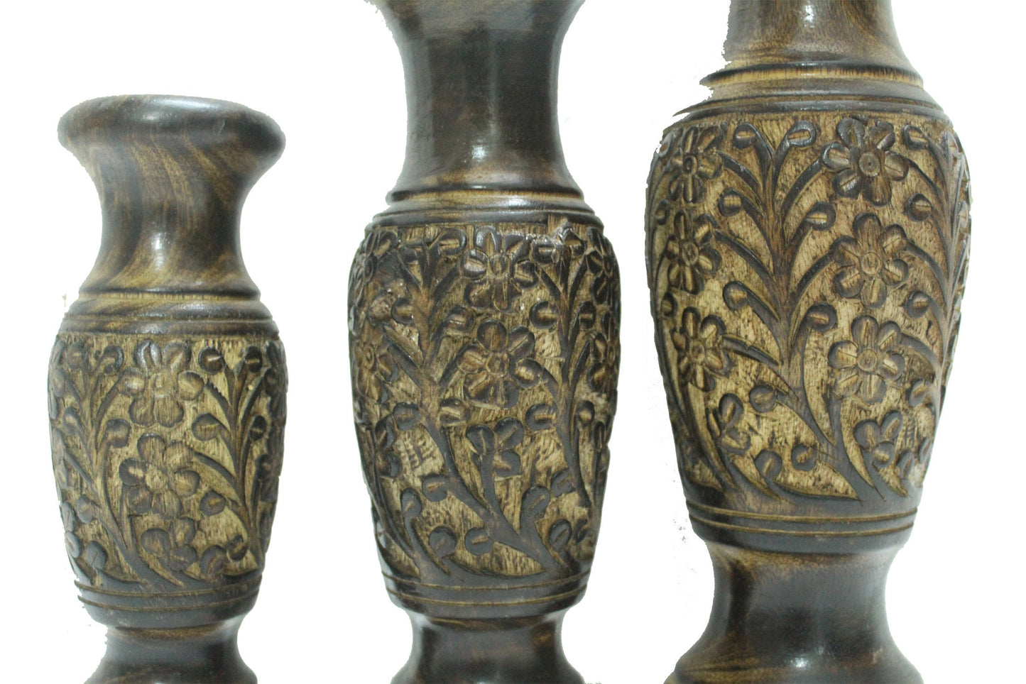 Wooden carved Flower Vase For home décor, Handmade Burned Polished set of 3