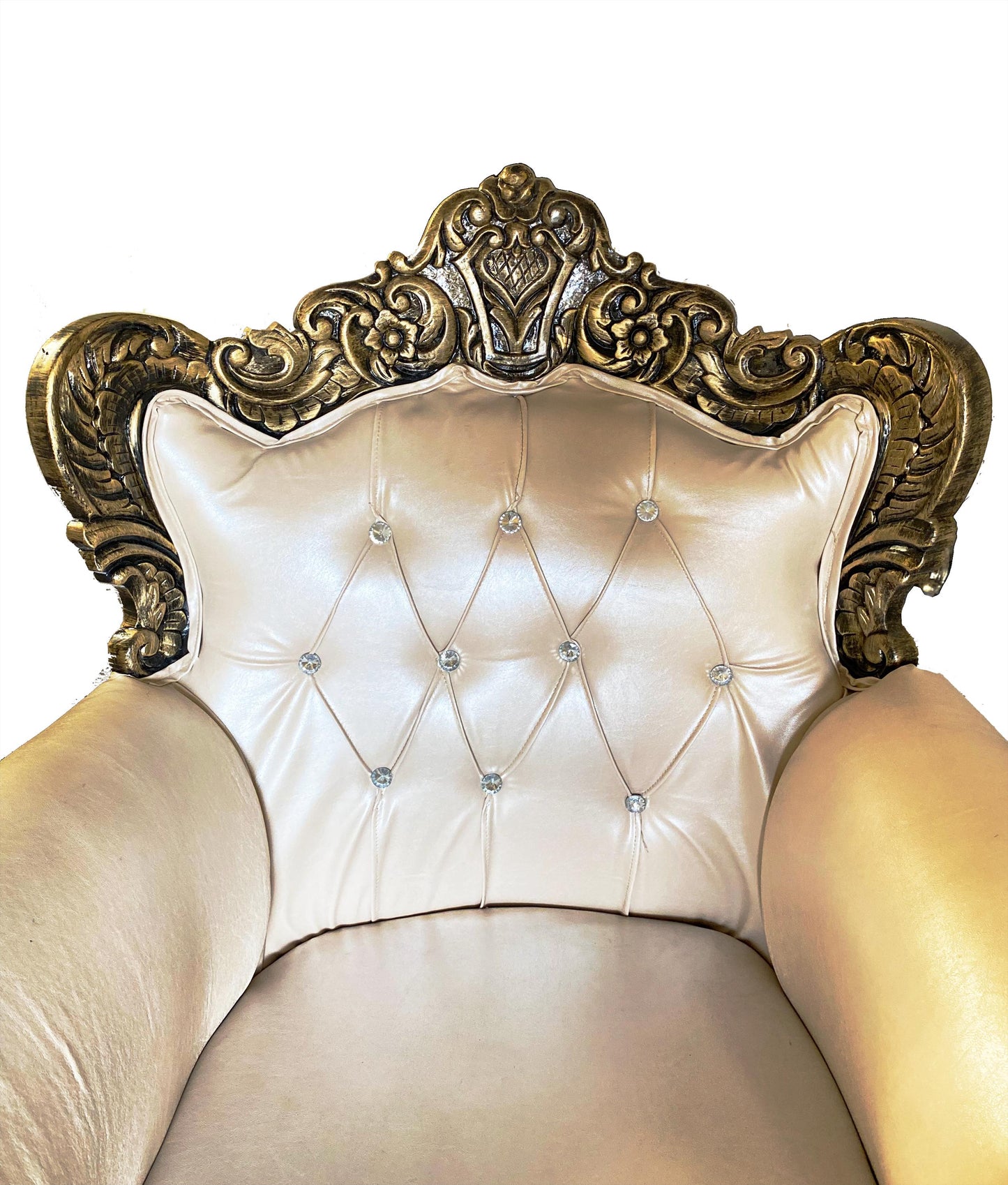 Hand Carved Louis XVI Sofa: Rustic Gold Teak, Cream Upholstery