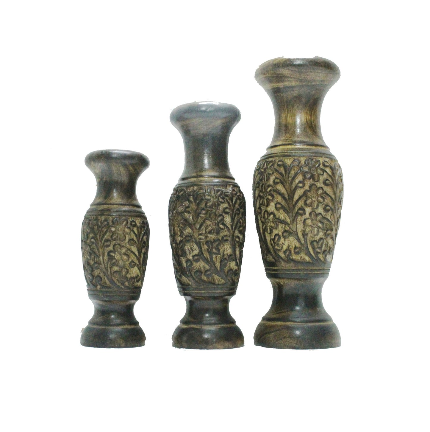Wooden carved Flower Vase For home décor, Handmade Burned Polished set of 3