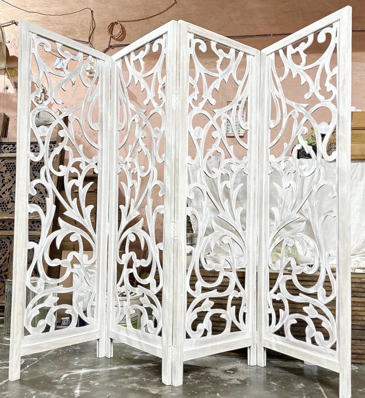 Mid century Floral design Rustic White Wooden Folding Divider, Partition, Handmade Self standing screen