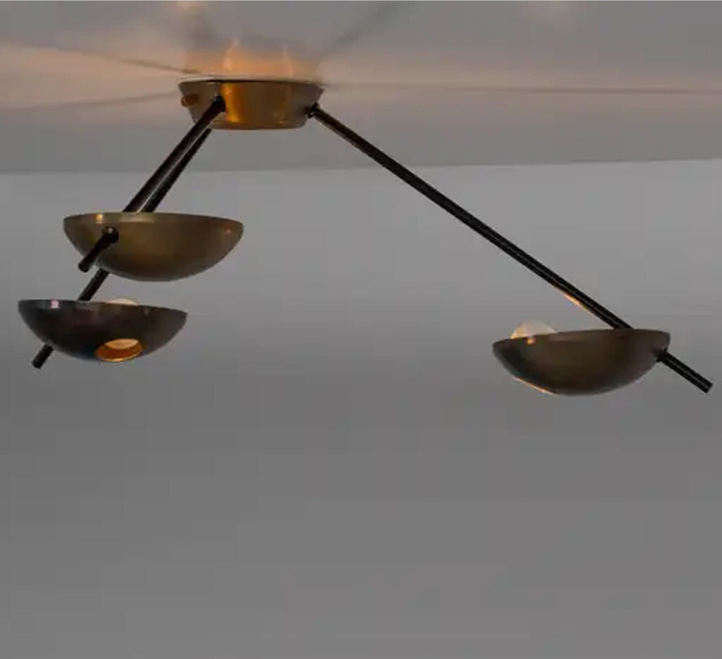 Mid century 3 Light Flush Mount, Antique Brass Italian design ceiling light fixture