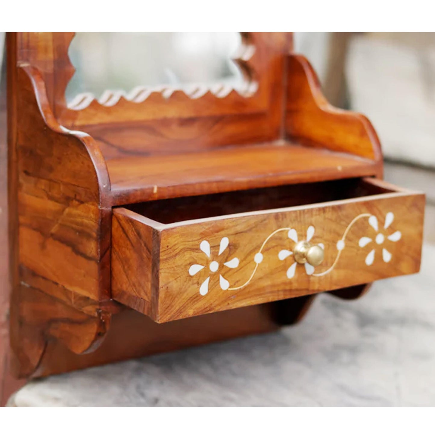 Hand Painted Wood Wall Hanging Mirror with Shelf: Mid-Century Decor