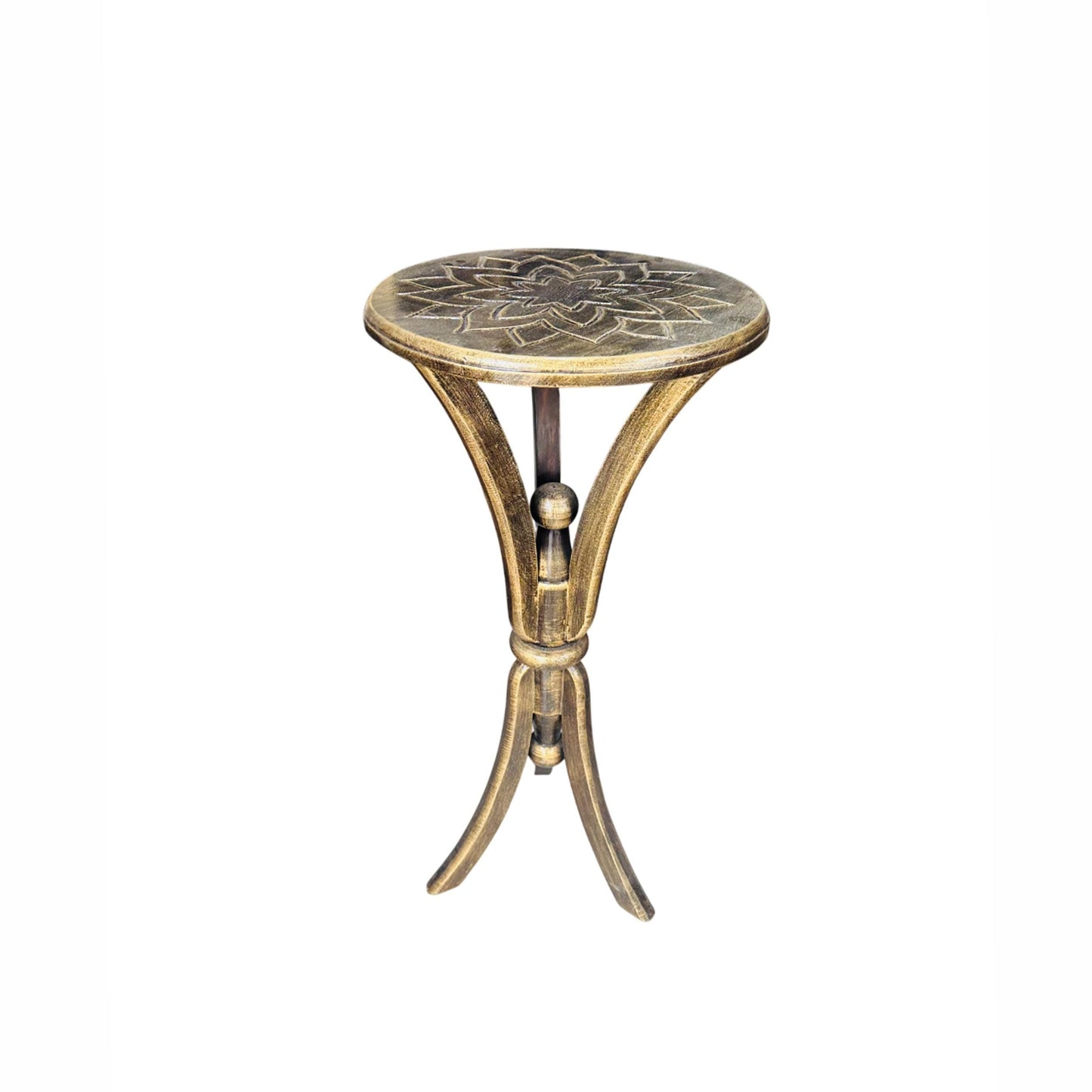 Hand Carved Mango Wood End Table: Rustic Gold Lotus Design