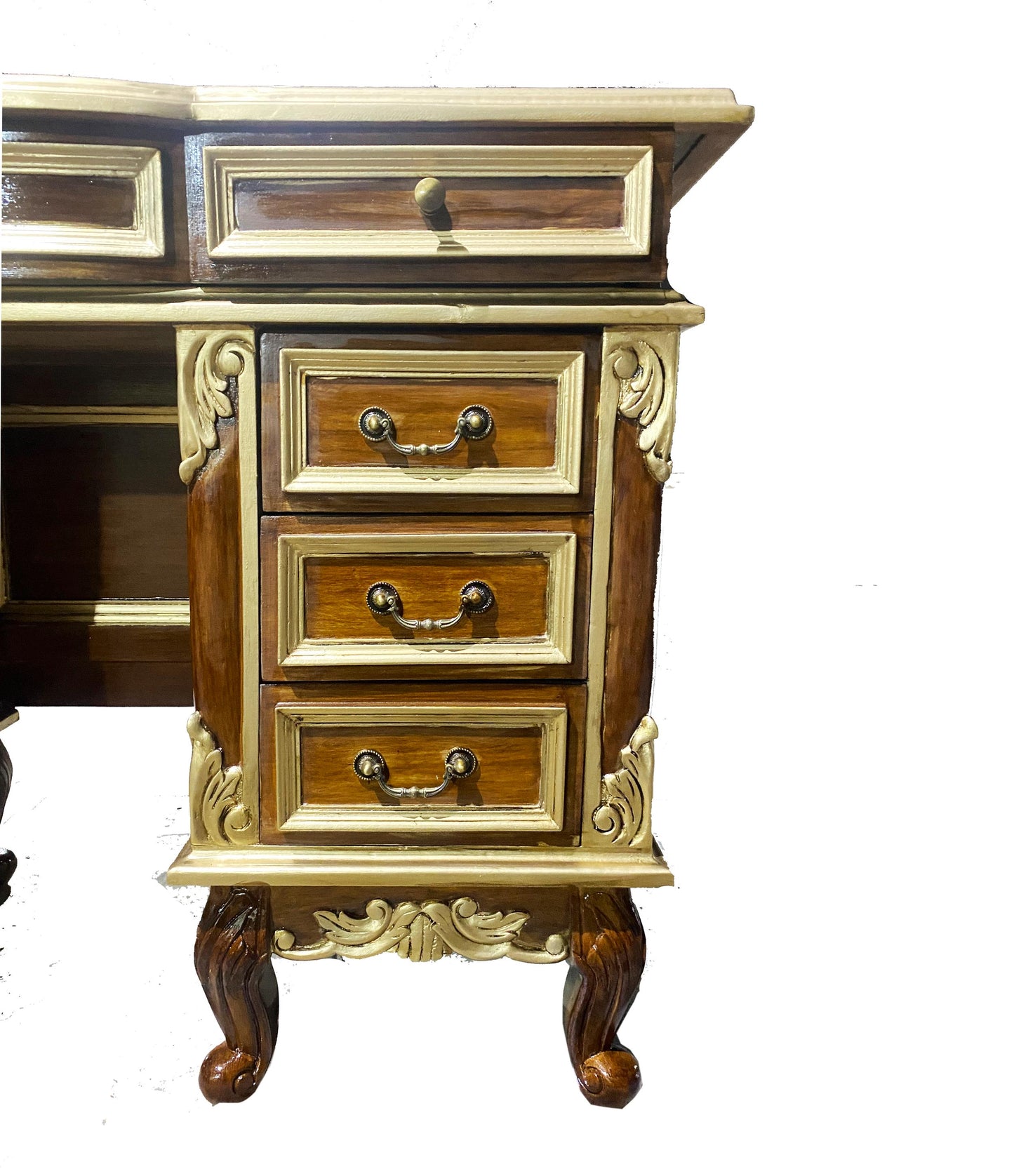 Hand Carved Teak Console Table: Mid-Century Modern Brown & Gold Accent