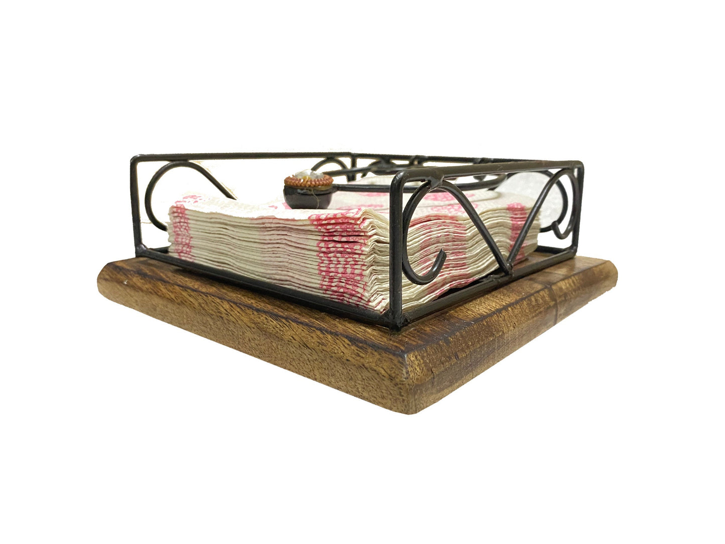 Handmade Wood & Wrought Iron Napkin Holder: Modern Tabletop Decor