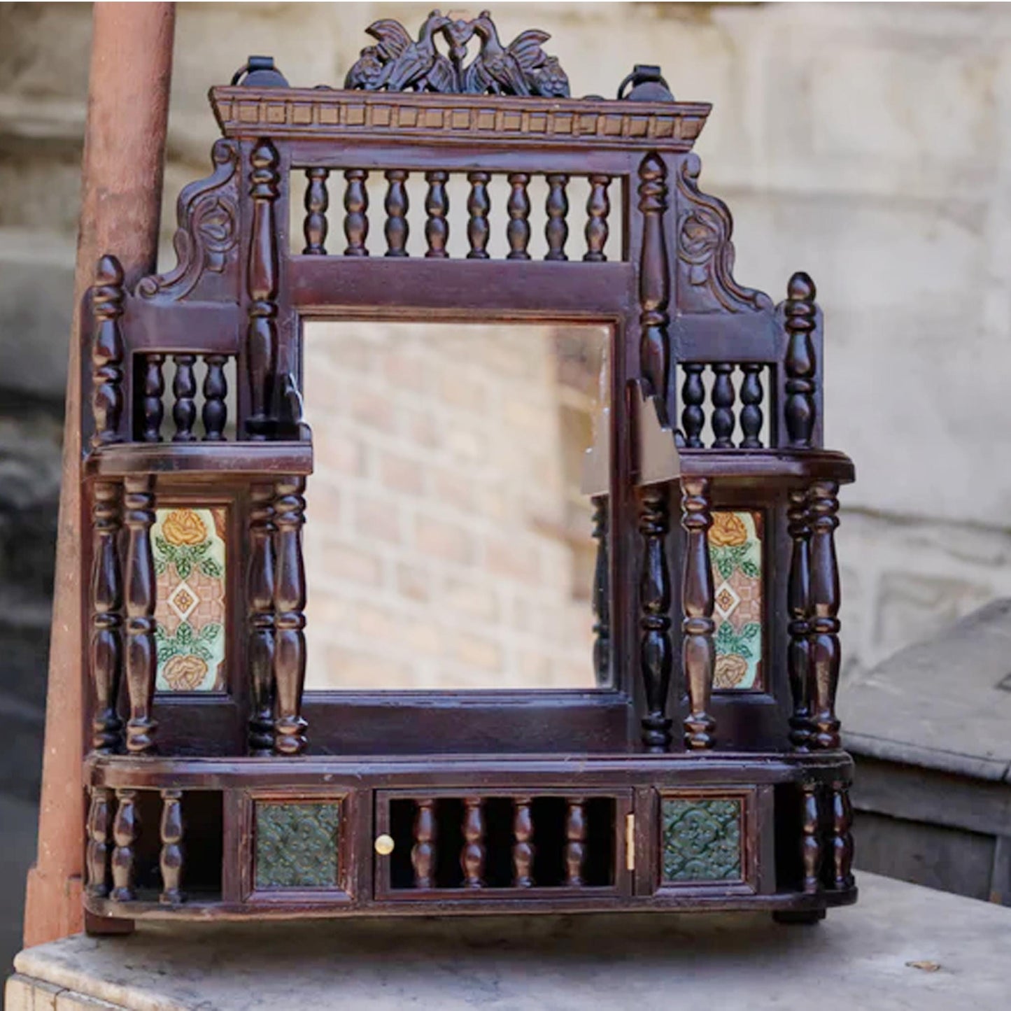 Handmade Wooden Wall Mirror with Storage: Carved Wood Decor