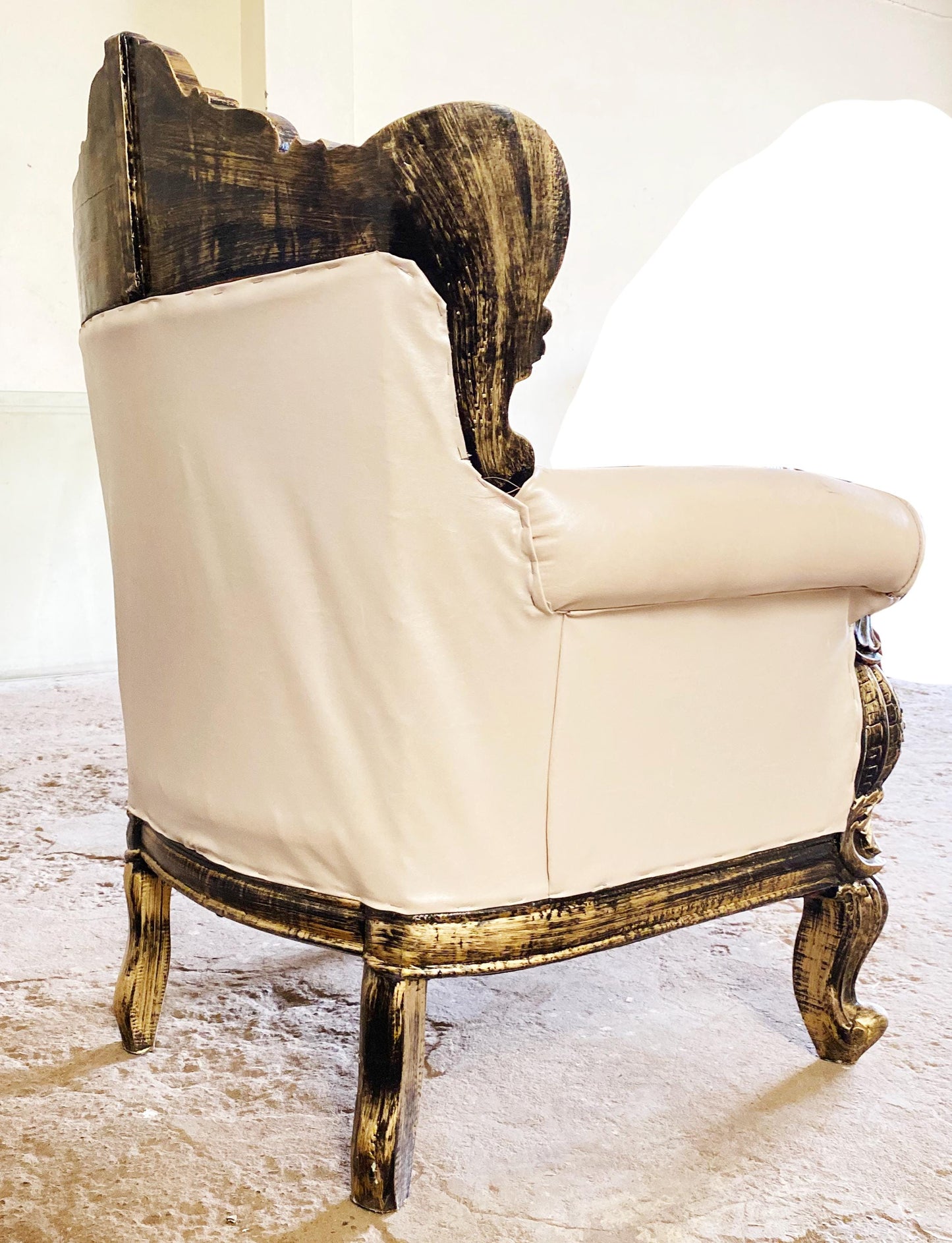 Hand Carved Louis XVI Sofa: Rustic Gold Teak, Cream Upholstery