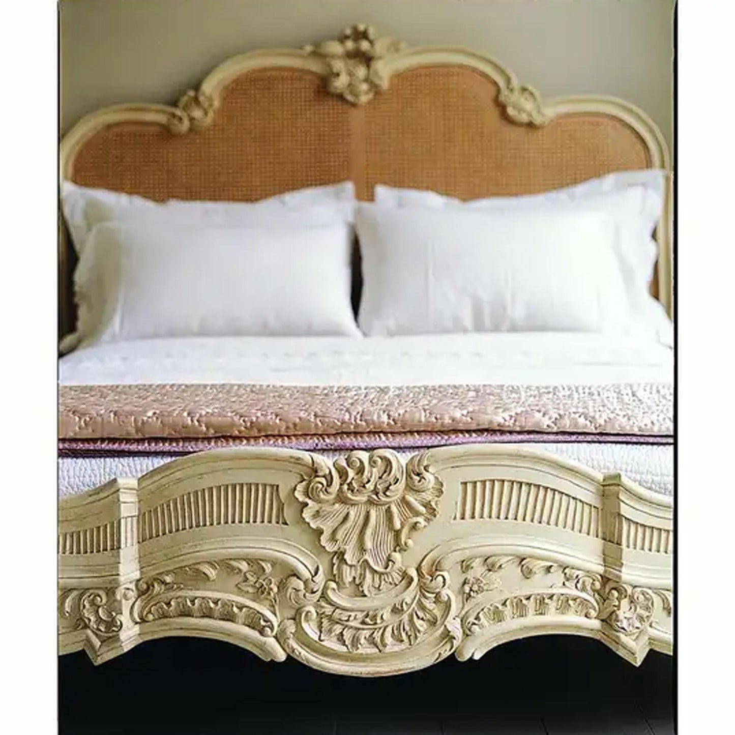 Handmade Giltwood Bed Frame: Louis XV Rococo Style, Tufted Headboard