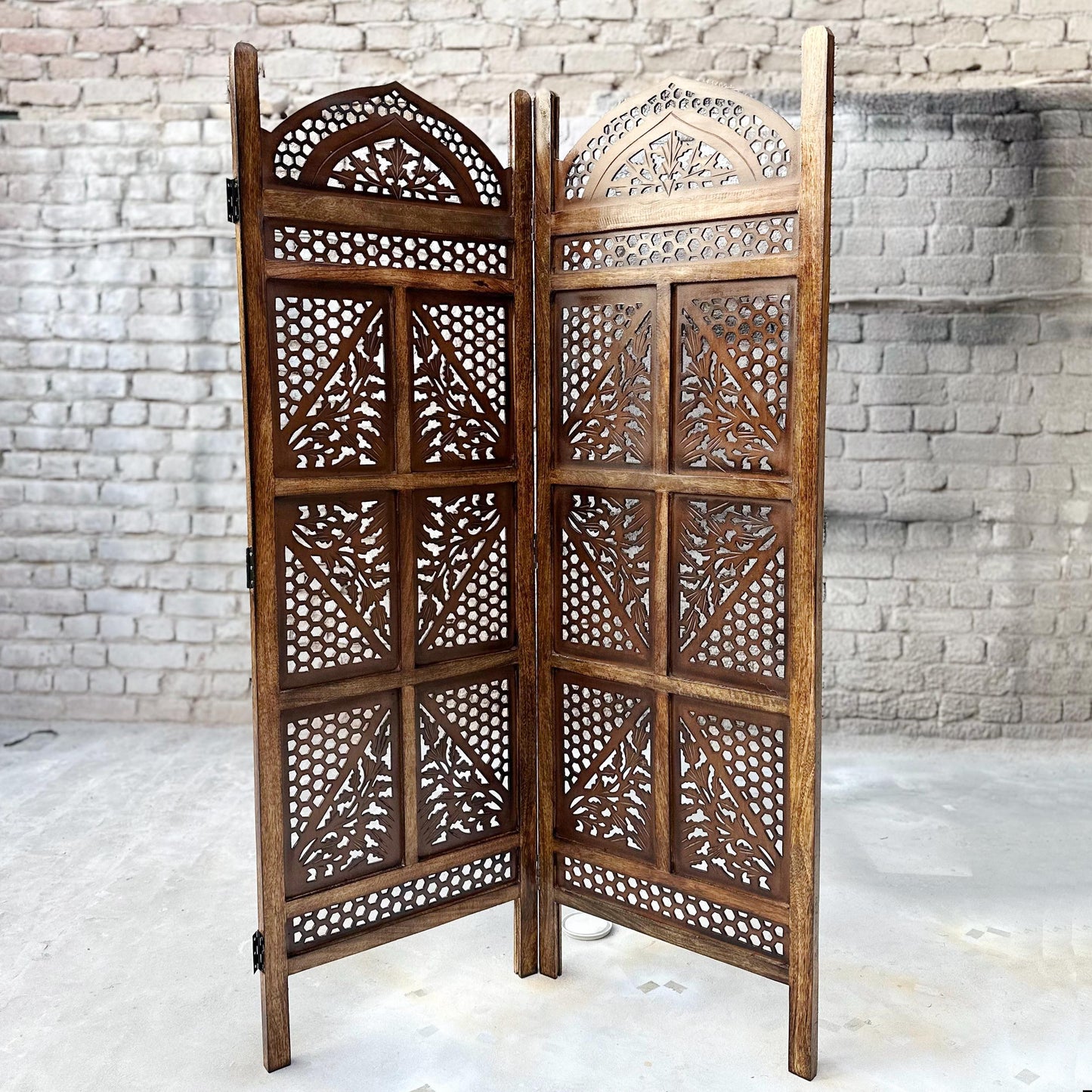 Mid century Mesh and block Style 5 feet height Wooden Folding Divider, Partition, Handmade Self standing separator