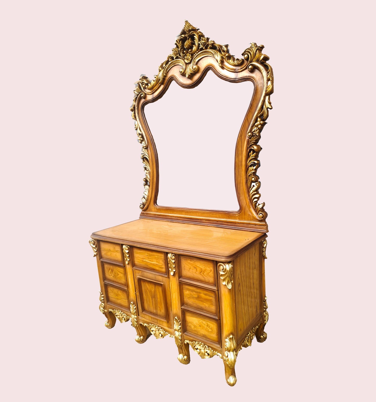 Large Carved Teak Wood Vanity Table with Mirror