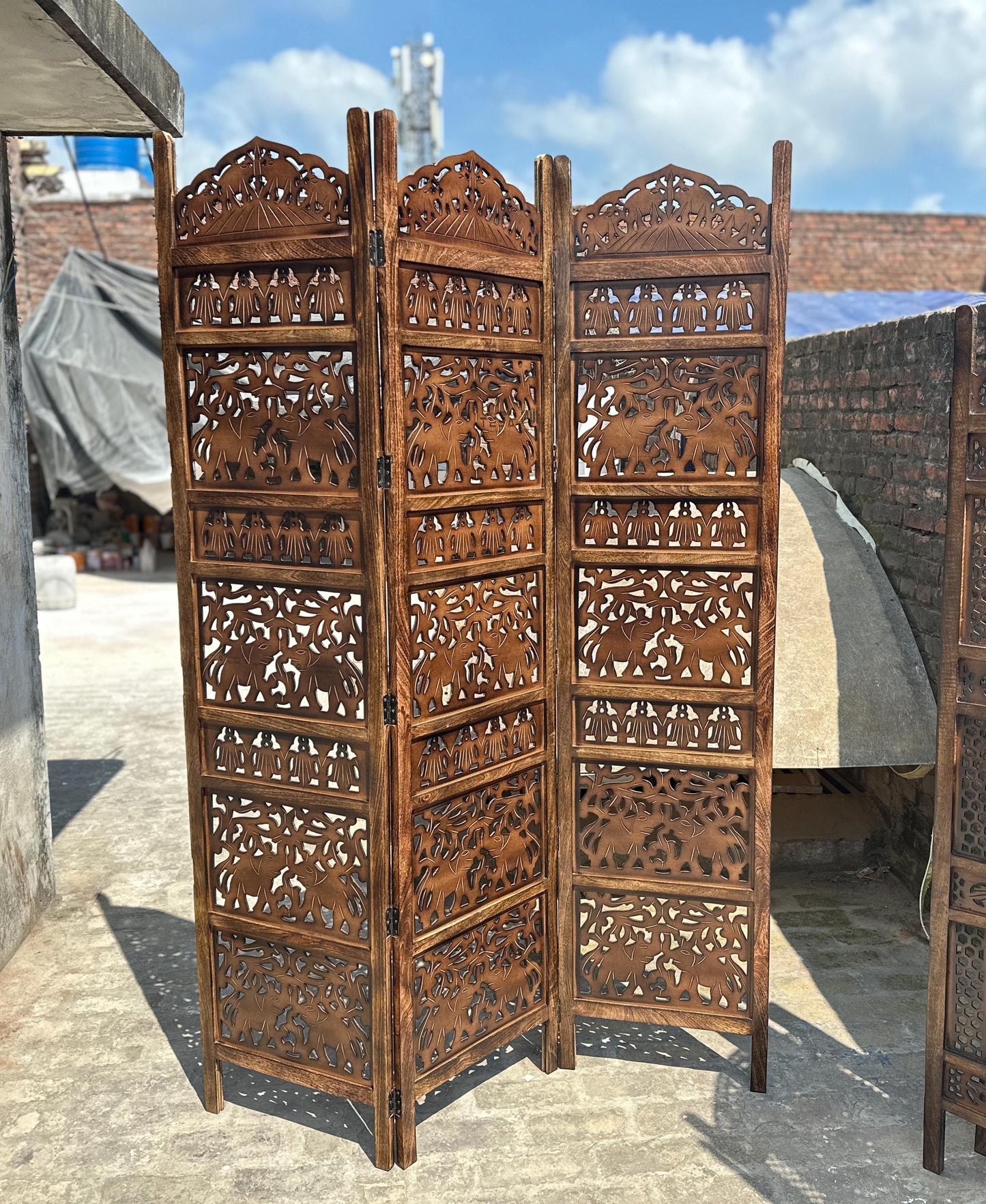 Elephants design Wooden Folding Divider, 7 Feet tall Folding Partition, Handmade Self standing separator