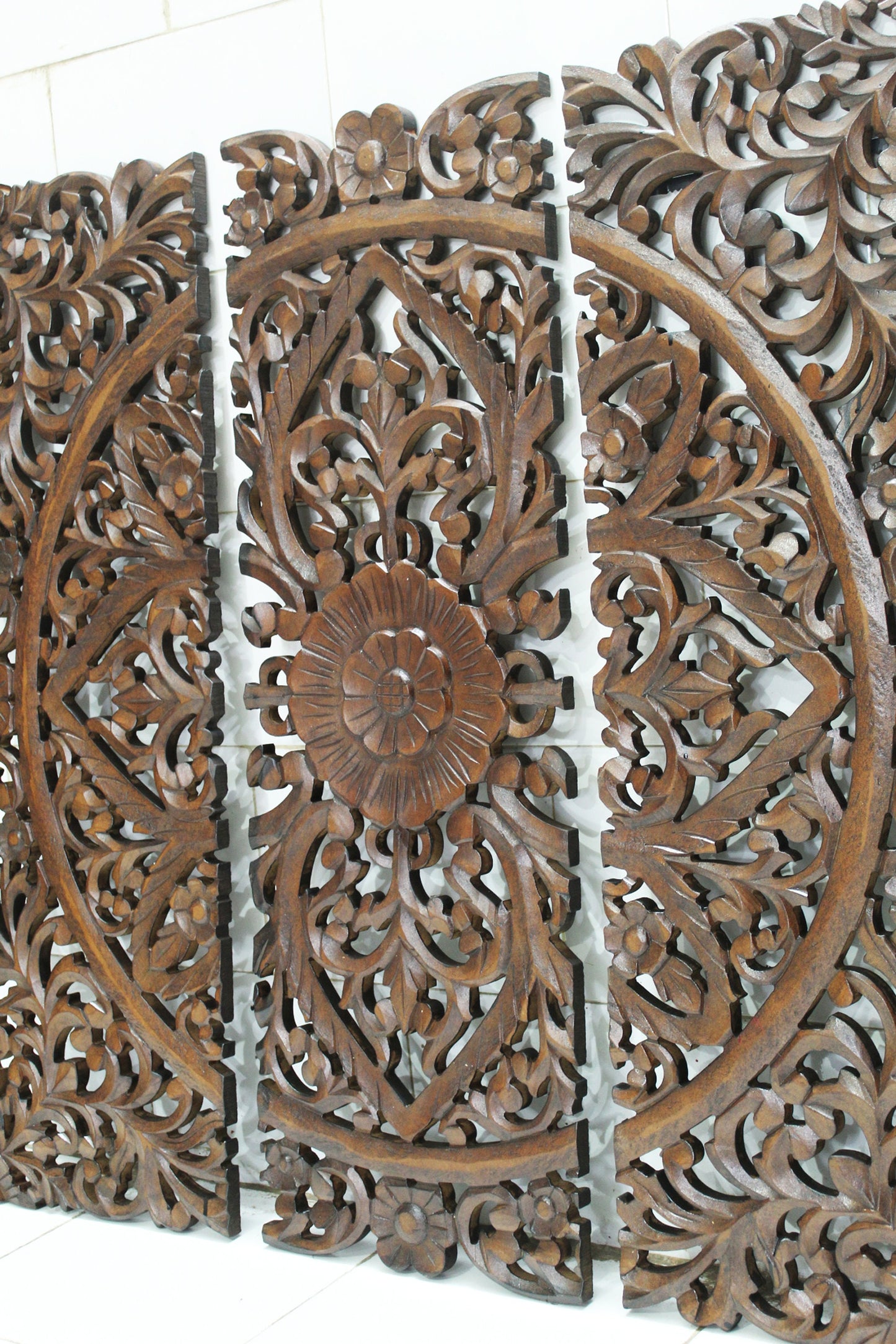 Flower Design Wooden Hanging Fixture, Large Walnut Carving Wall décor, mandola Arts