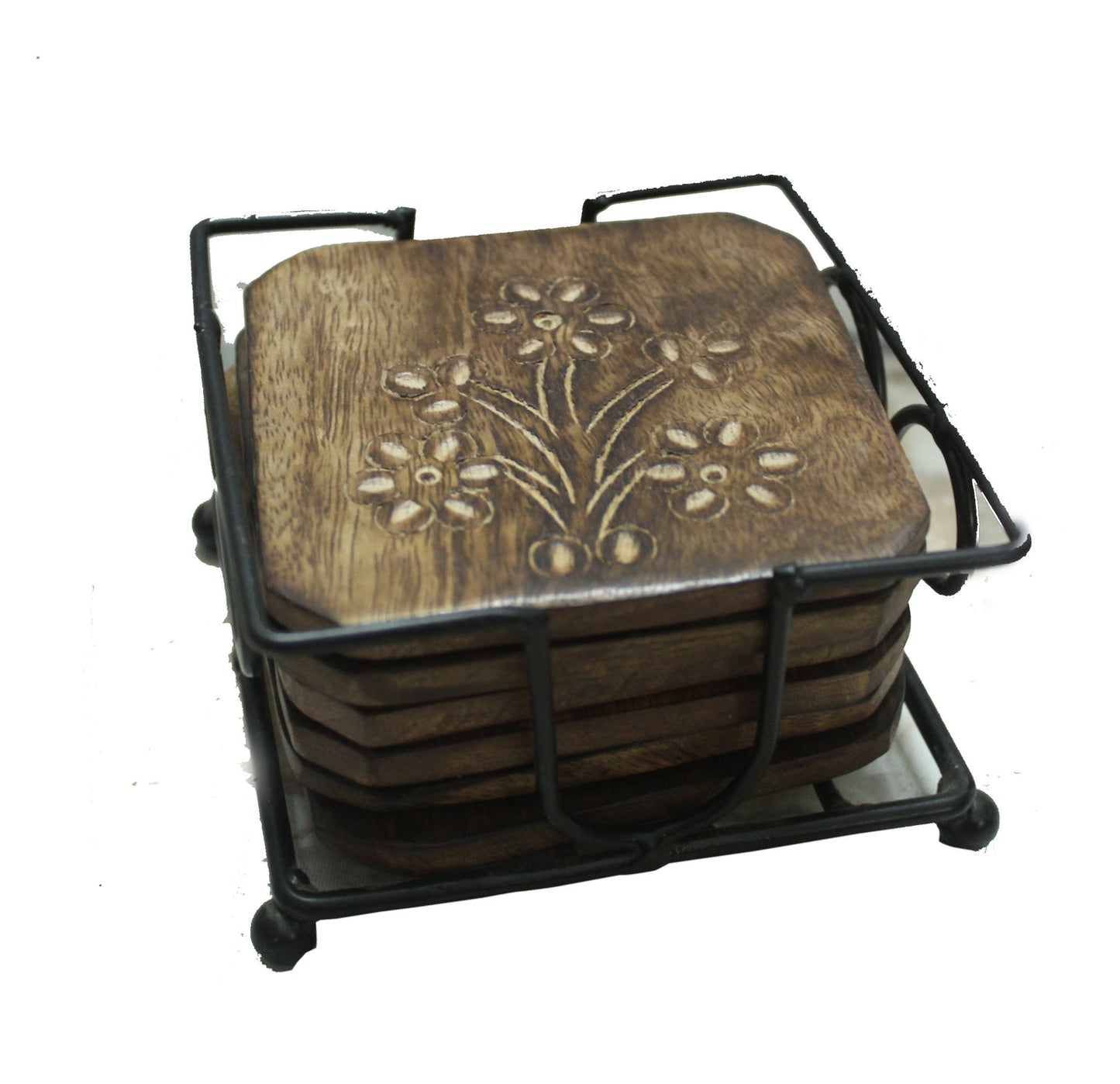 Iron wood Coaster set of 6, handmade carved coaster with metal Stand