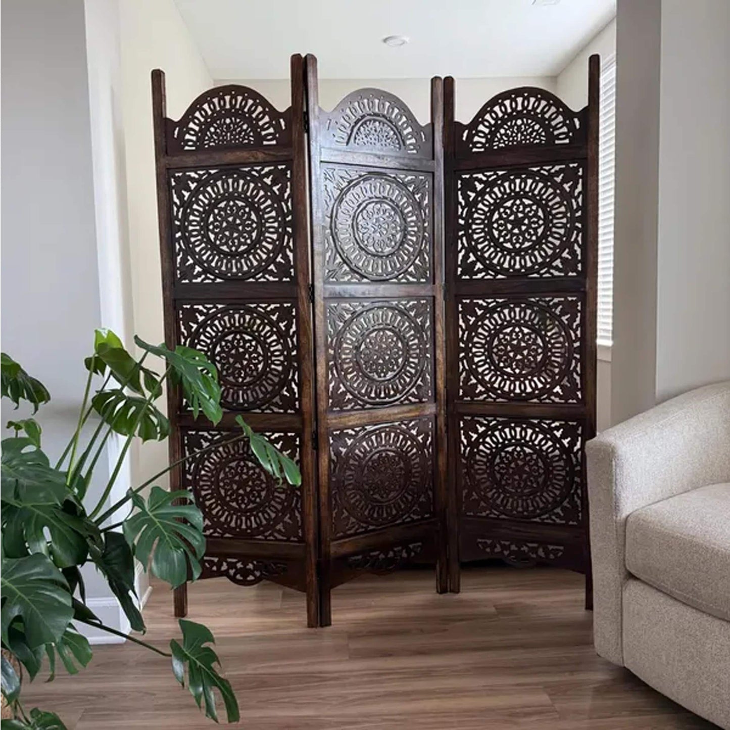 Mid-Century Modern Brown Wood Folding Room Divider: Carved Design
