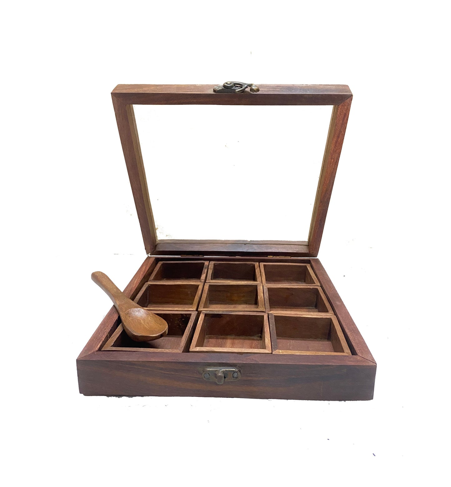 Handmade Table top box, Wooden Spice 9 container set with spoon
