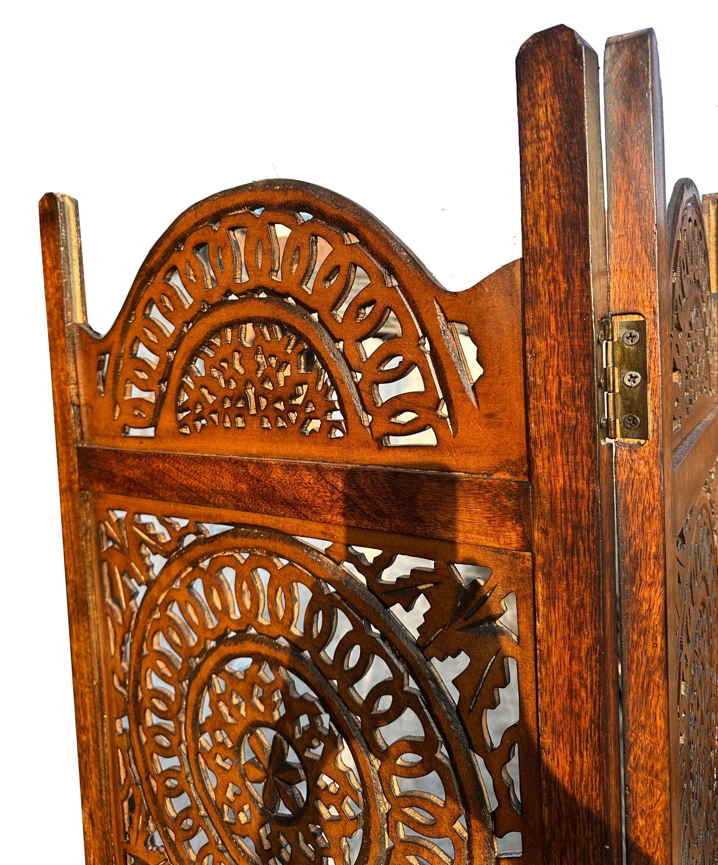 Mid-Century Modern Brown Wood Folding Room Divider: Carved Design
