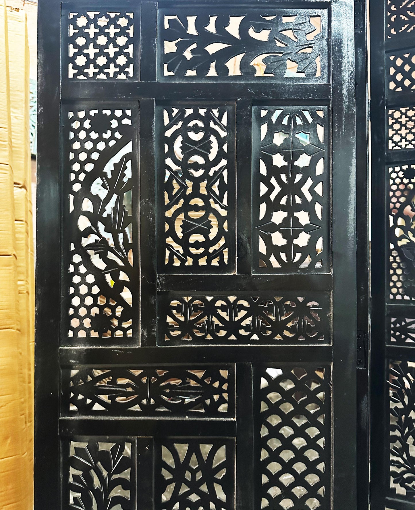 Mid Century Black Wood Folding Room Divider: Handmade Carved Partition Screen