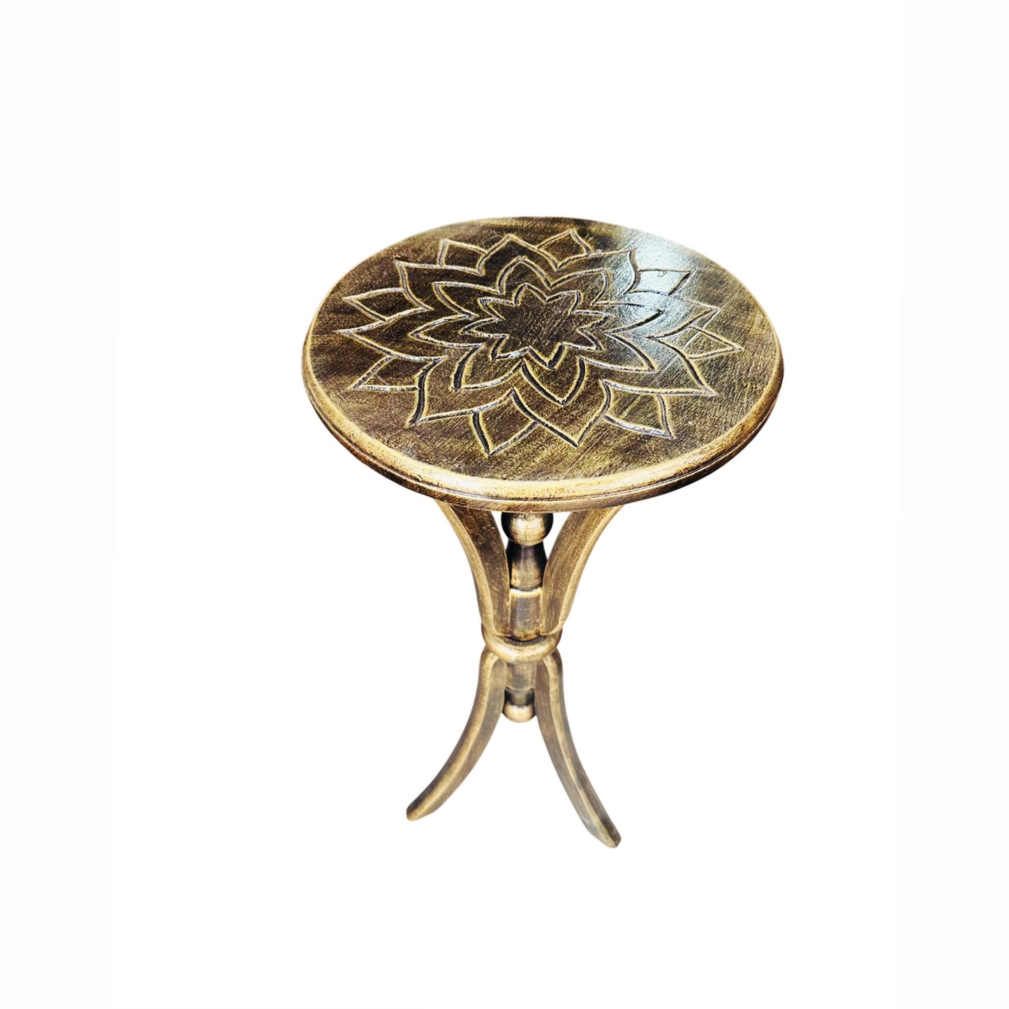 Hand Carved Mango Wood End Table: Rustic Gold Lotus Design