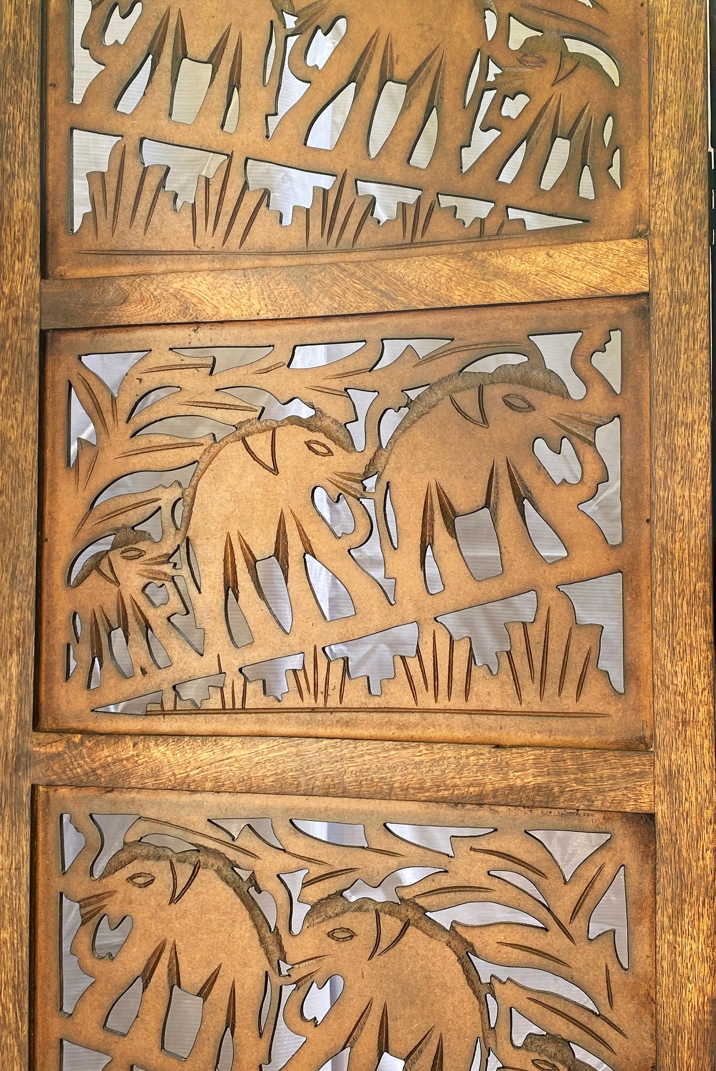 Mid century Elephant carving Design Wooden Folding Divider, Partition, Handmade Self standing separator