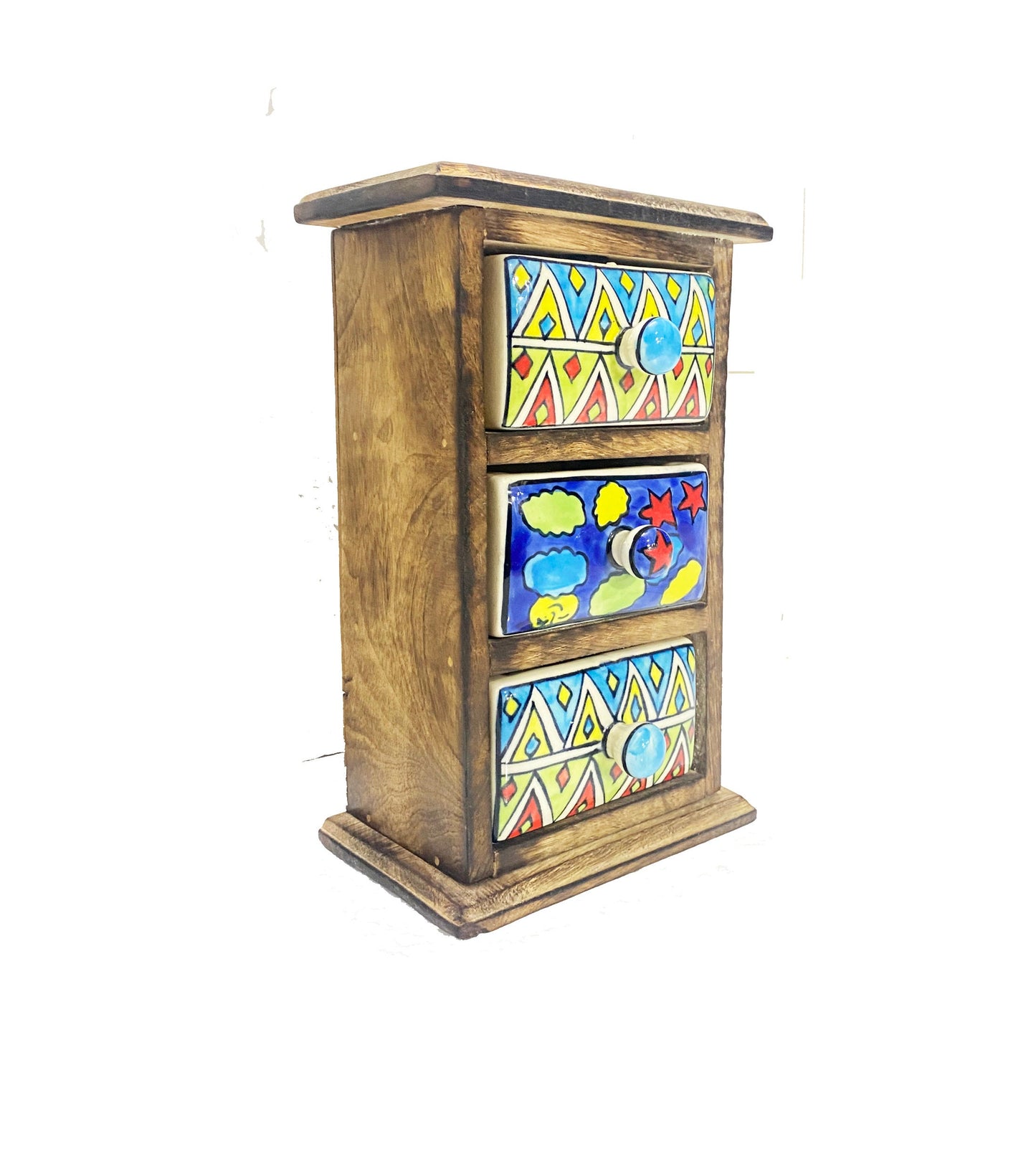 Handmade Wooden Shelf with Ceramic 3-Drawer - Antique Brown